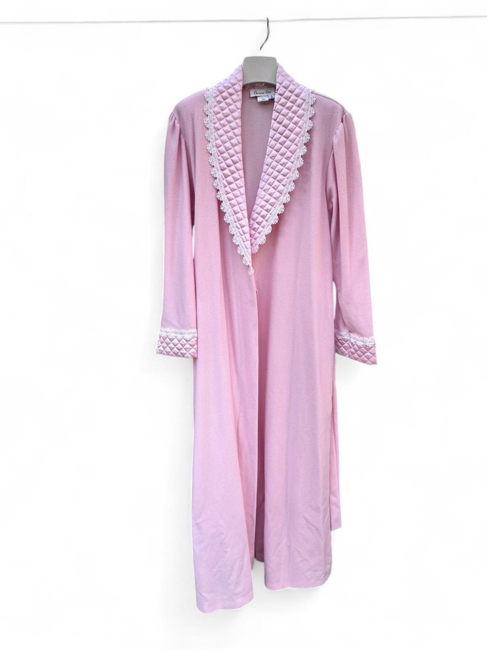 Vintage Christian Dior Old Hollywood Pink Robe with Quilted and Lace Trim